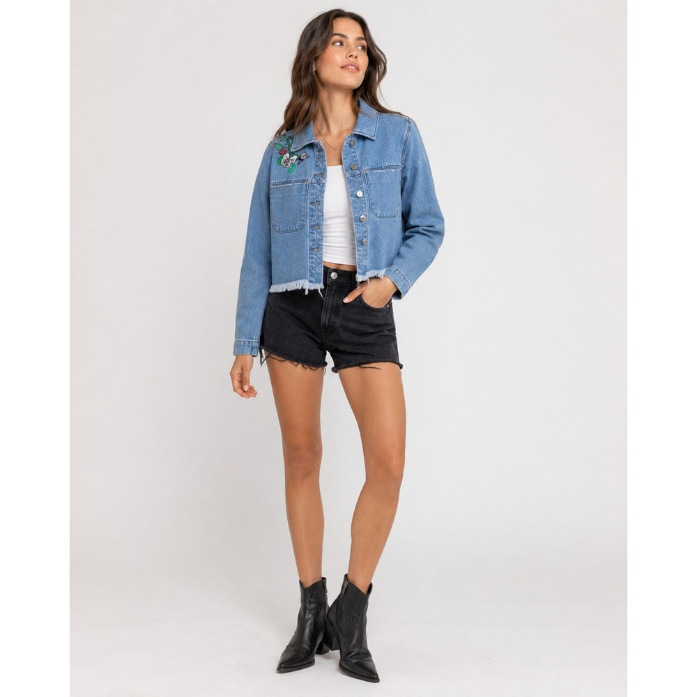 H&M x Coachella Festival Jean Jacket Womens 4 Blue Denim Embroidered NEW